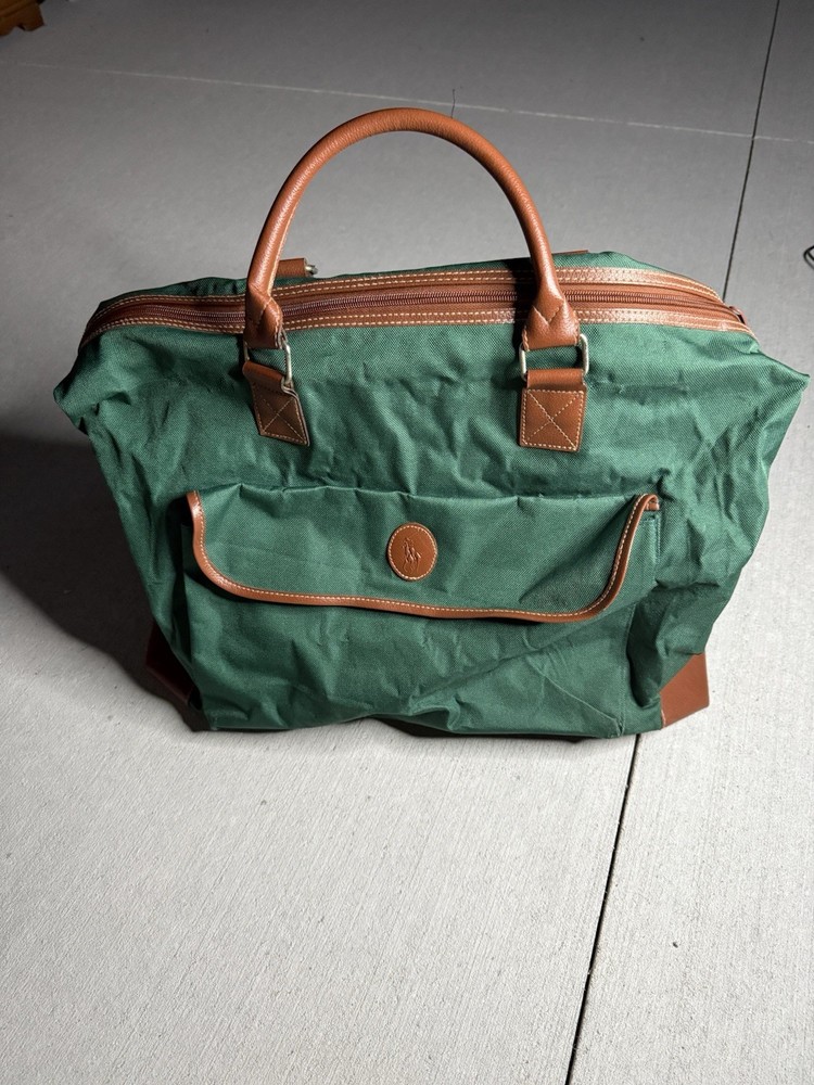 Vintage 90s Polo Ralph Lauren Large Travel Duffel Bag Green Canvas Brown Leather
