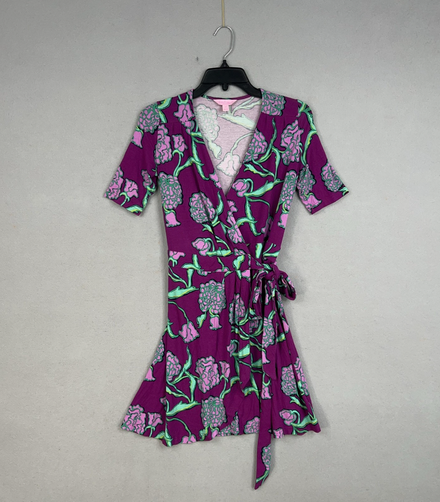 Lilly Pulitzer Dress Womens XS Purple Green Floral Arina Wrap Resort Coastal