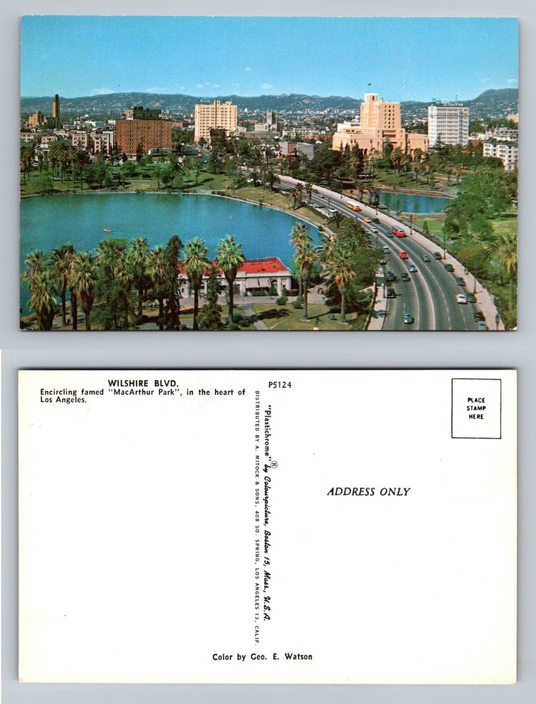 Los Angeles, CA-California, Aerial Wilshire Blvd MacArthur Park Vintage Postcard