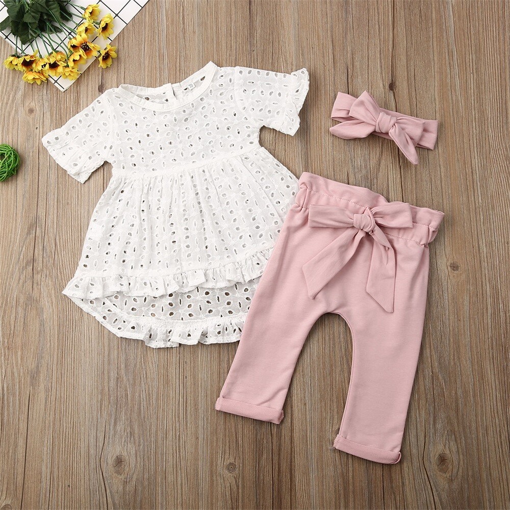 3Pcs Newborn Kid Baby Girl Clothes Lace Top T-Shirt Pants Leggings Outfit Set