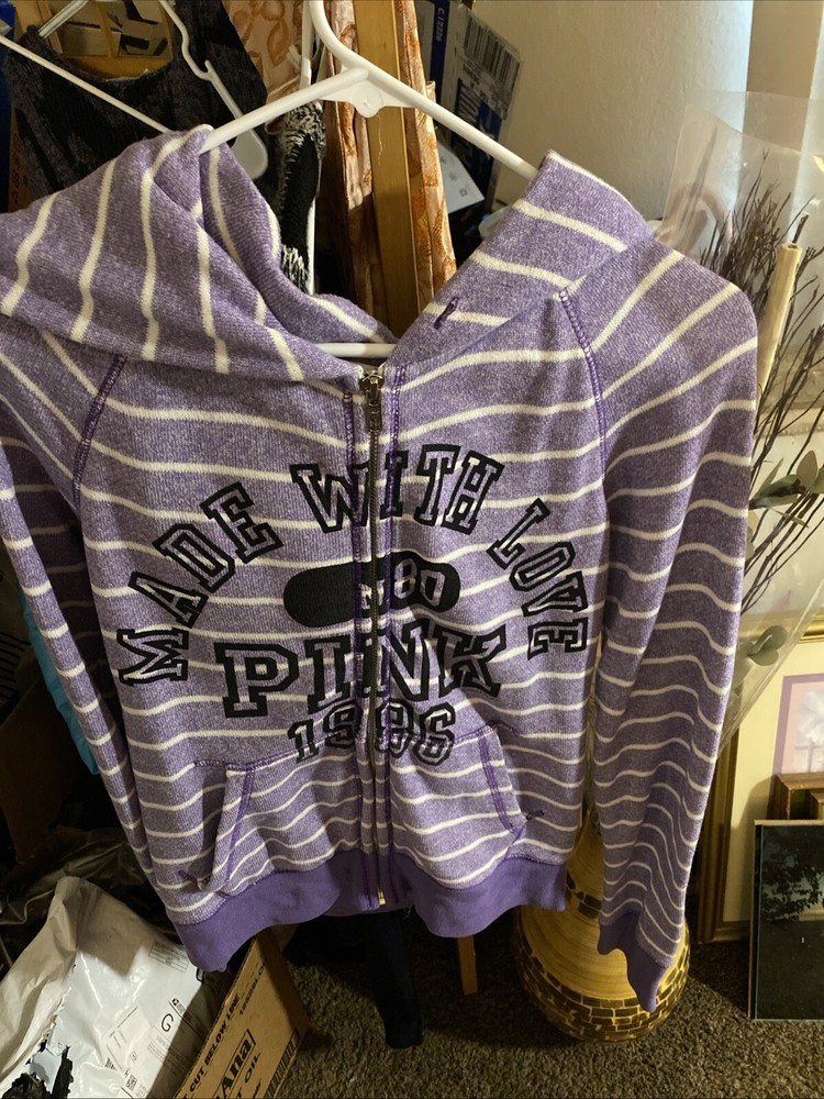 “PINK” Zip Up Purple Striped Hoodie Sz Med.