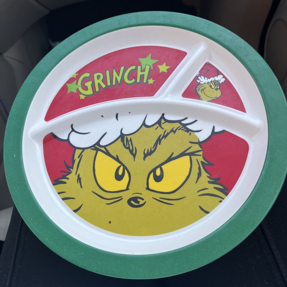 Dr Seuss Grinch Christmas Kids Divided Melamine Plate 9 Inch Green Holiday Dish  