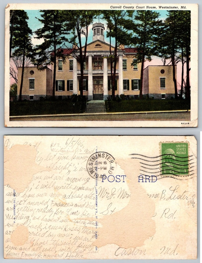 Carroll County Court House Westminster MD Postcard 1946 Postmarked