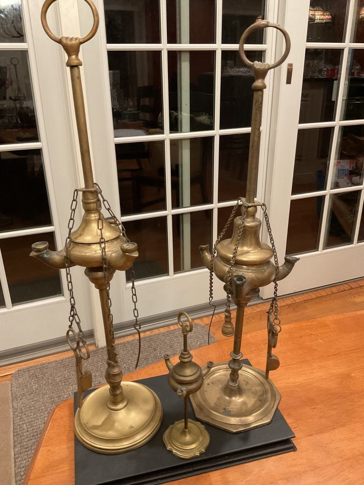 3 Antique 19th Century Italian Brass Lucerna Oil Lamp 18.5” Tall With Implements