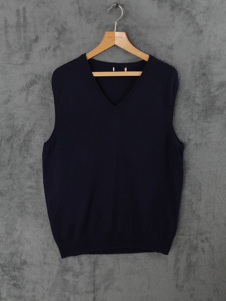 House Of Bruar Jumper Mens Large Blue Navy Merino Wool Knit Sweater Vest Golf