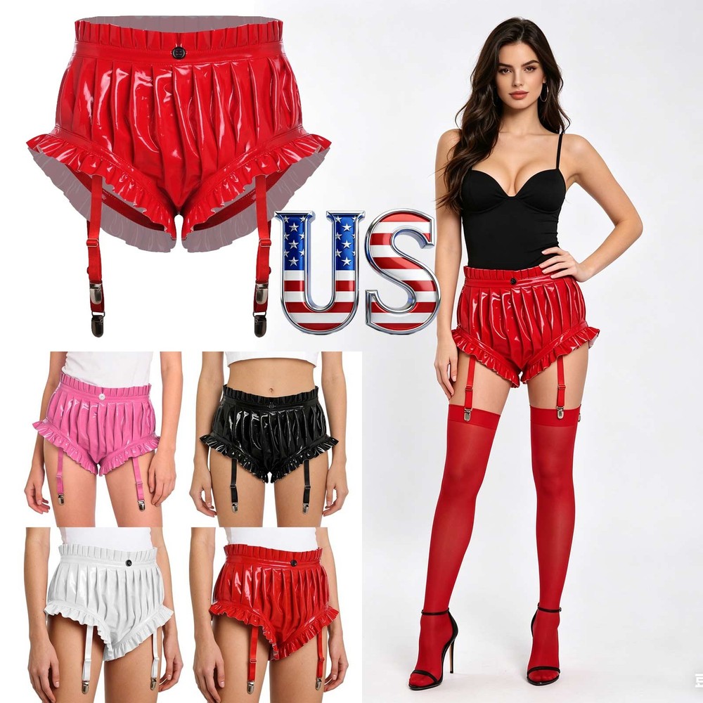 Women Gothic Bloomer Ruffle Shorts Y2k with Metal Clips Leather Booty Underwear