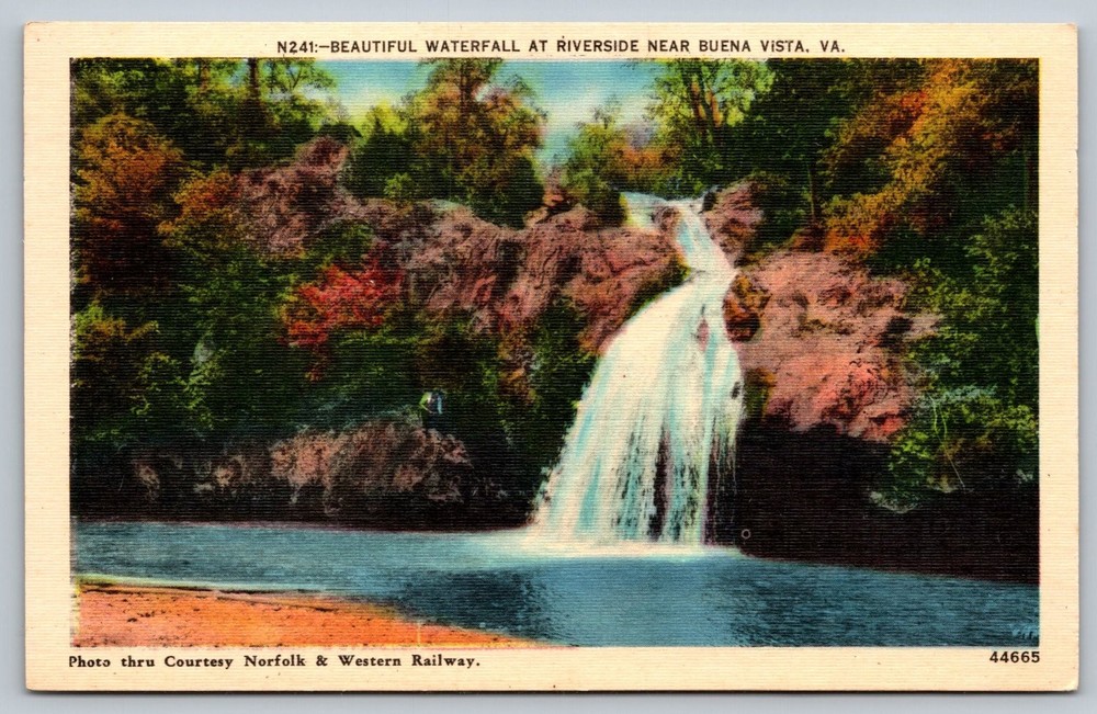 Vintage Linen Postcard Beautiful Waterfall Riverside Buena Vista VA