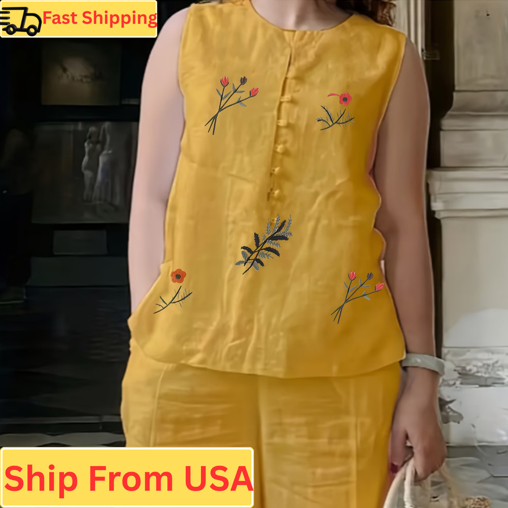 Elegant Embroidered Women’s 2 Piece Outfit Sleeveless Vest Pants Casual Set