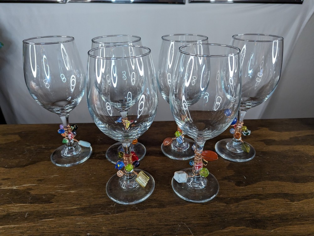 Libby Clear Wine Glasses with Wire and Art Glass Baubles Stem Set of 6