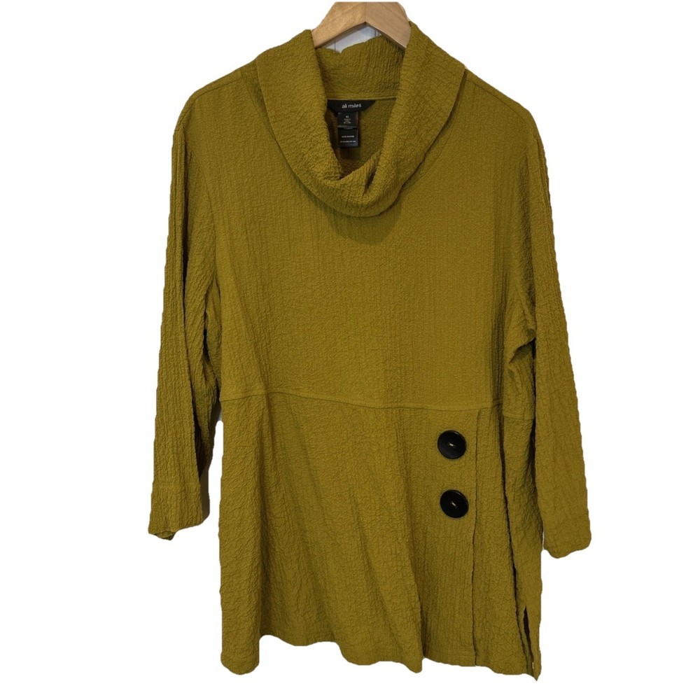 Ali Miles Textured Cowl Neck Tunic Top Olive Green Women's XL Button Detail