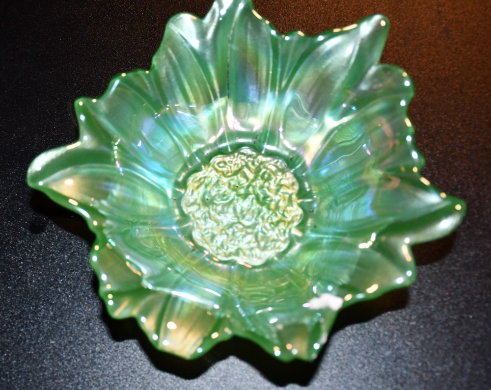 Green Akcam Iridescent Floral Turkish Art Glass Bowl