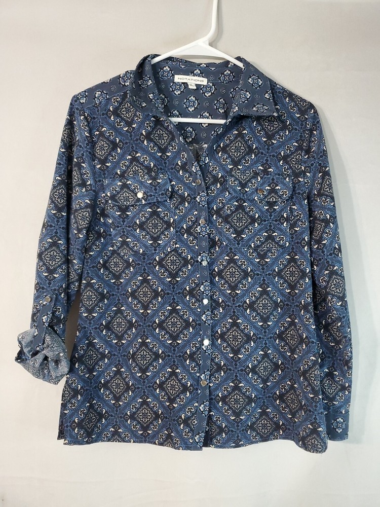 NOTATIONS Button Up Shirt Women's Size Small Long Roll Tab Sleeve 2 Pockets