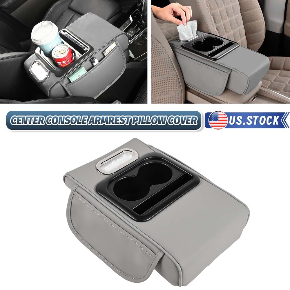 Car Center Console Armrest Pillow Storage Box Cushion Pad with Cup Holder Gray