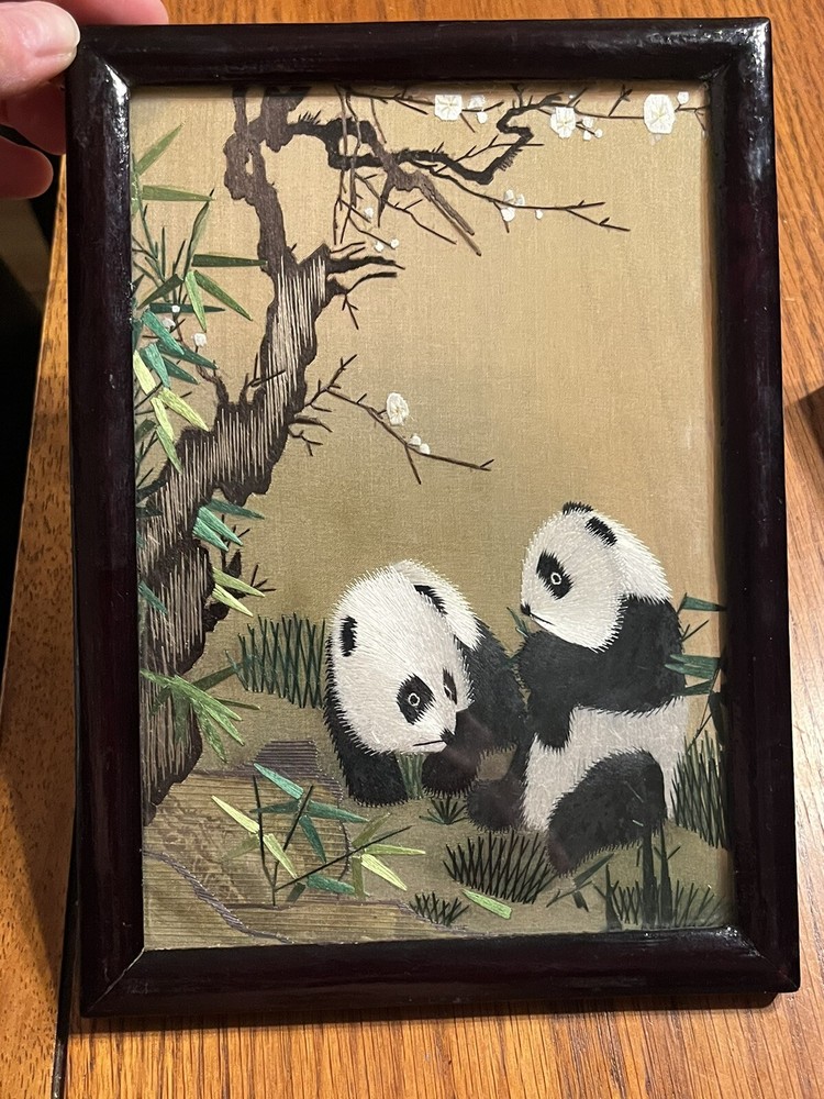 Shu Brocade Silk Panda Embroidery Framed  China Art 9.5 X 6.25 Needlework Art
