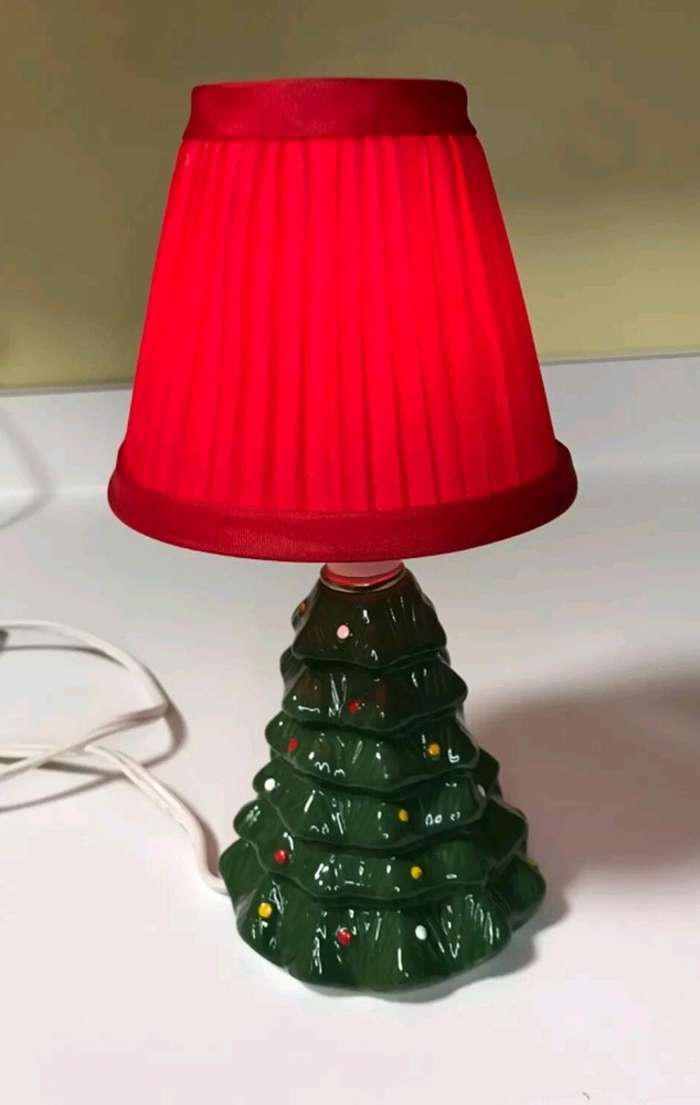 Vtg Christmas Tree Holiday Accent Table Desk Lamp w/Shade Hand Painted 9.5