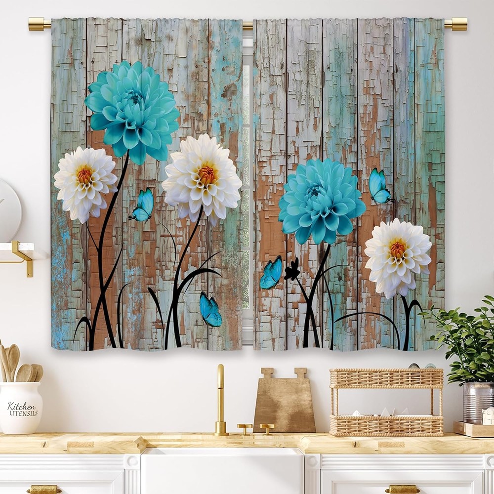Farmhouse Flower Floral Kitchen Curtains Rustic Teal Turquoise Dahlia Small Sho