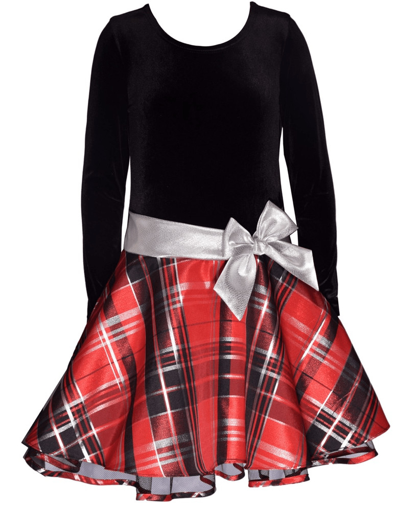 Bonnie Jean Big Girls Long Sleeve Velvet Bodice with Plaid Skirt Dress - Black S