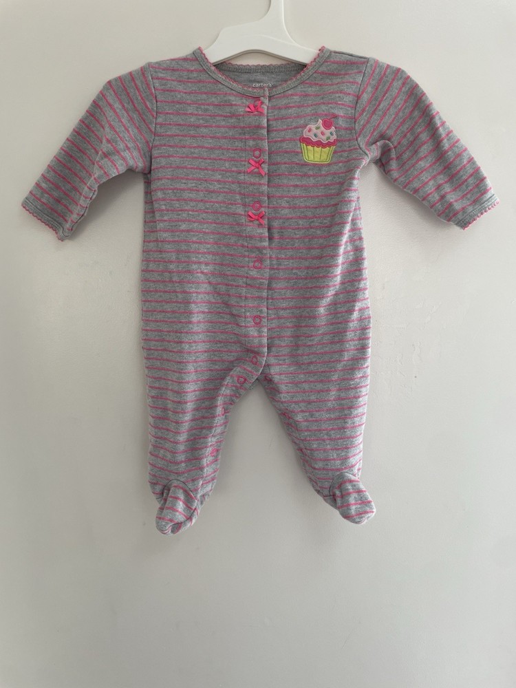 Carter's Baby Girls Cupcake Applique Striped Cotton Snap-Up Sleep & Play Gray 6M