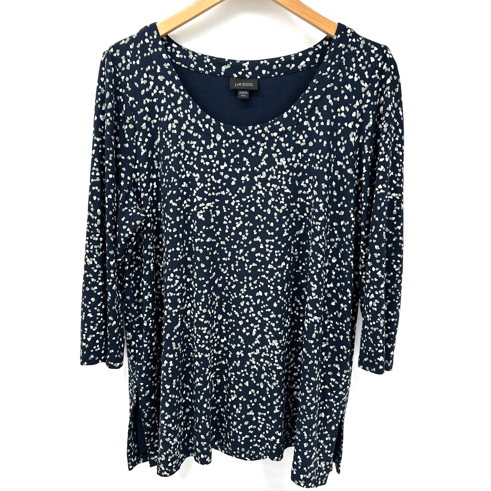 J Jill Wearever Tunic Womens Petite Large Lp Blue Pullover 3/4 Sleeve Geometric