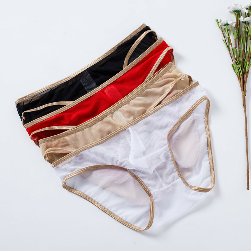 Men's Sexy See-through Silk Briefs Mesh Pouch Seamless Panties Thongs Underwear