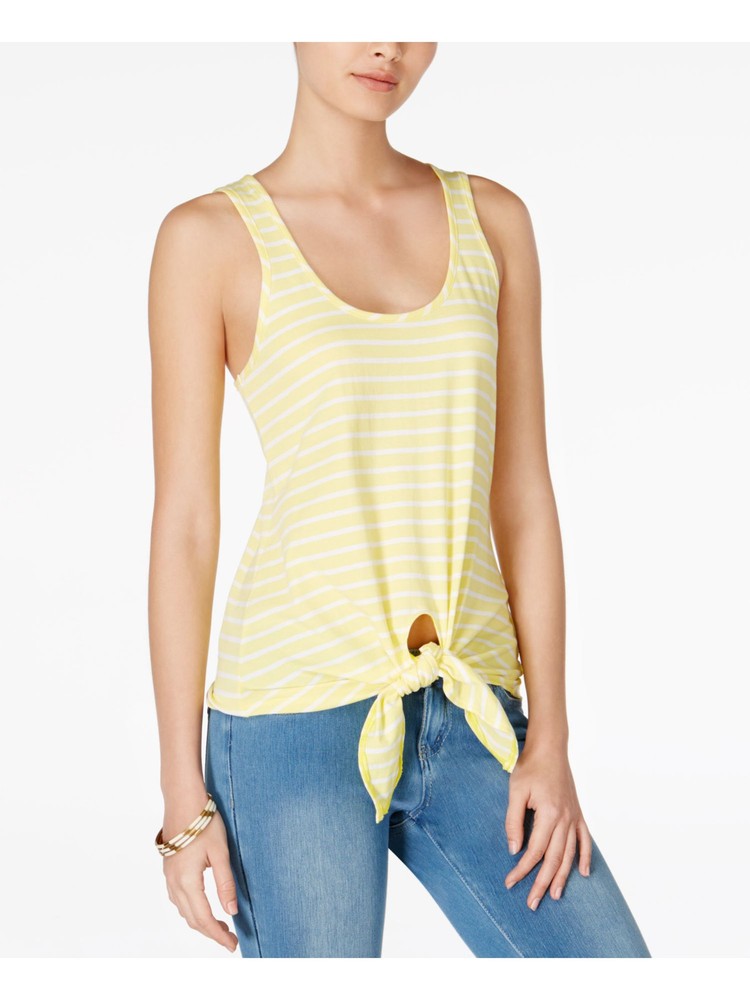 MAISON JULES Womens Yellow Tie Striped Sleeveless Scoop Neck Top Size: 2XS