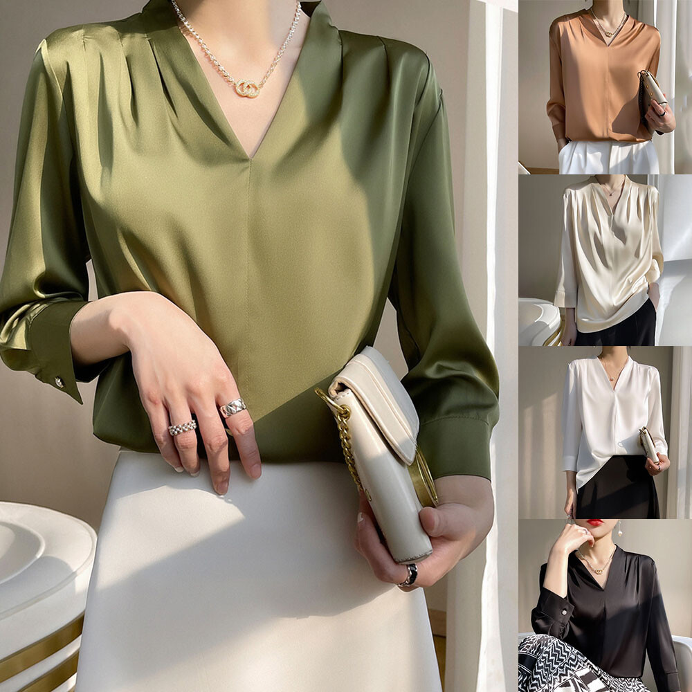 Mulberry Silk Long-sleeved Satin Chiffon T-Shirt Tees Tops For Work Office Women