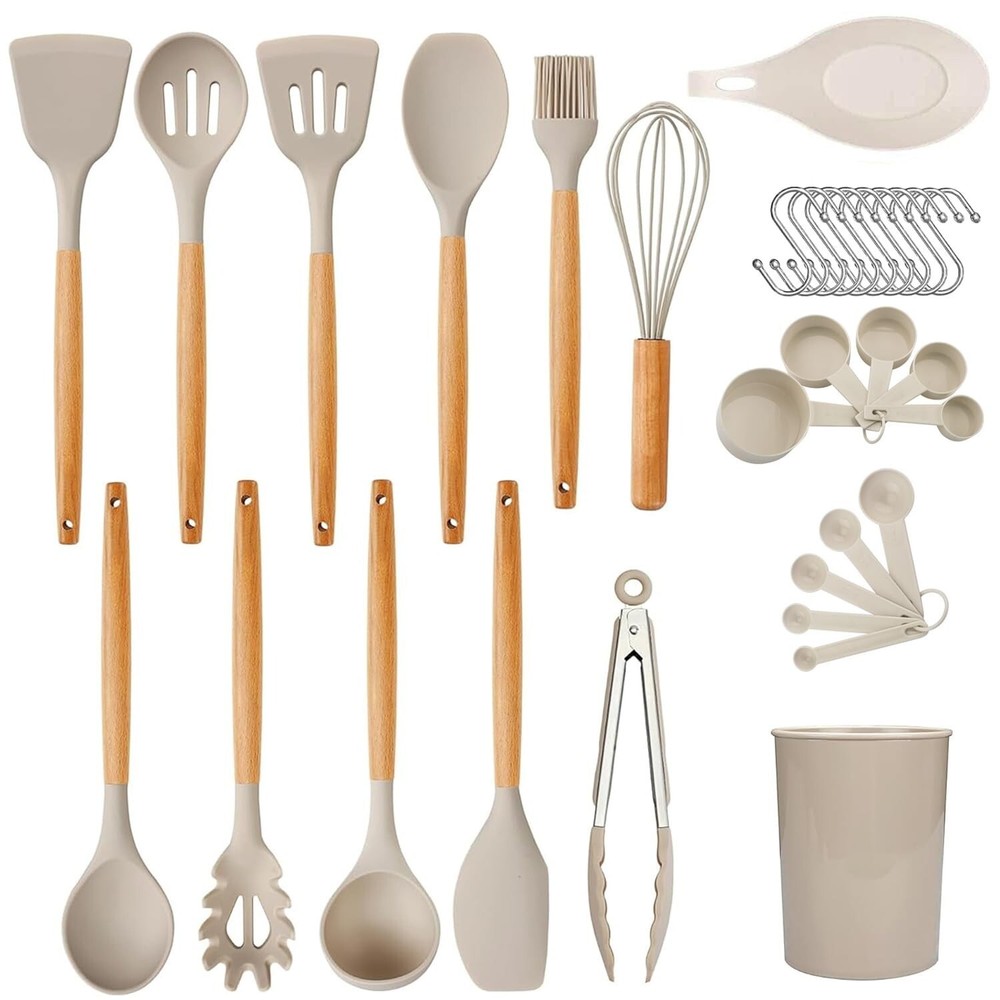 Cooking Utensil Set - 33 Piece Non-Stick Silicone Kitchen Utensil Kit with Wo...