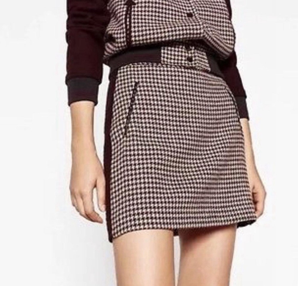 Zara Houndstooth Clueless Wool Blend Mini Skirt Maroon/Brown Size Large