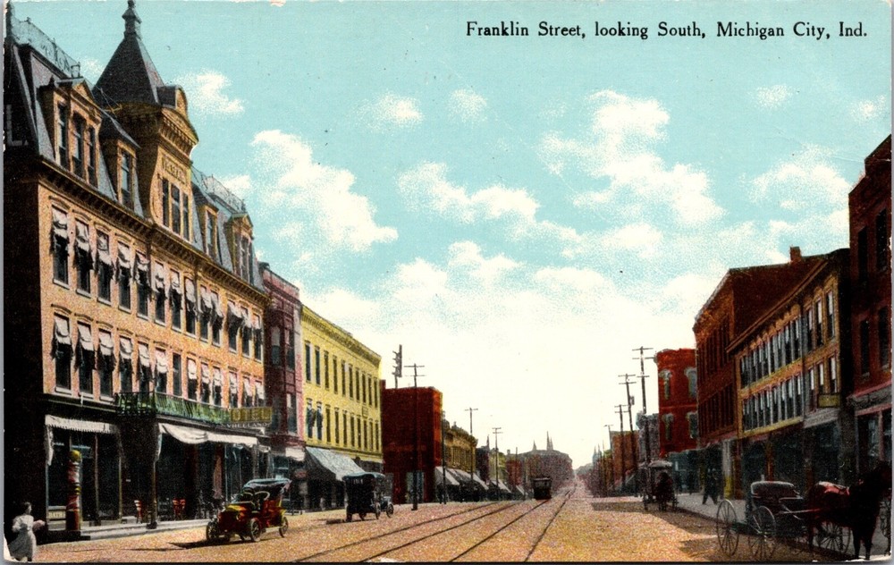 Postcard Franklin Street, Looking South in Michigan City, Indiana