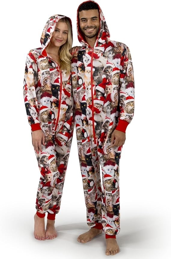 Adults Christmas Meowy Hooded Pajamas, Christmas Jumpsuits Outfits, XL