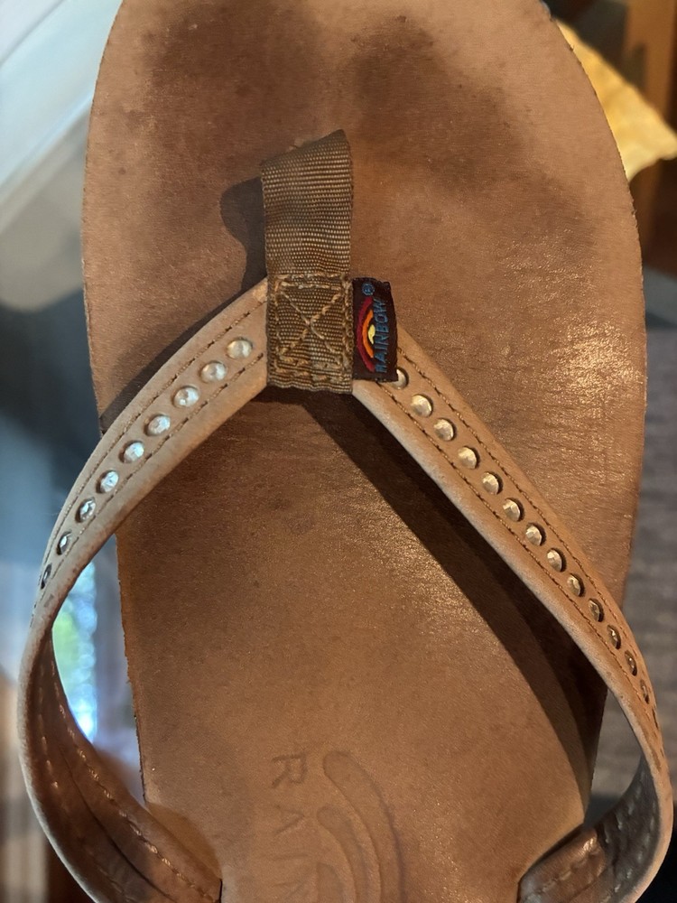 Rainbow Sandals Brown Leather with Swarovski Crystals Narrow Strap Size 9