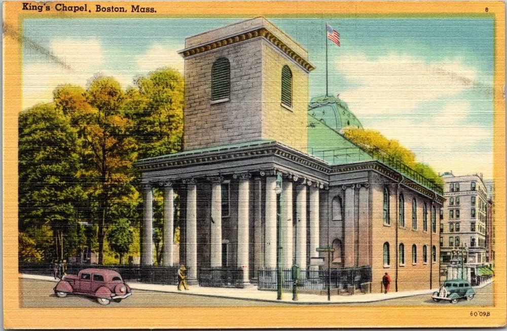 King's Chapel Boston MA Vintage Linen Postcard Tichnor Bros 1930s
