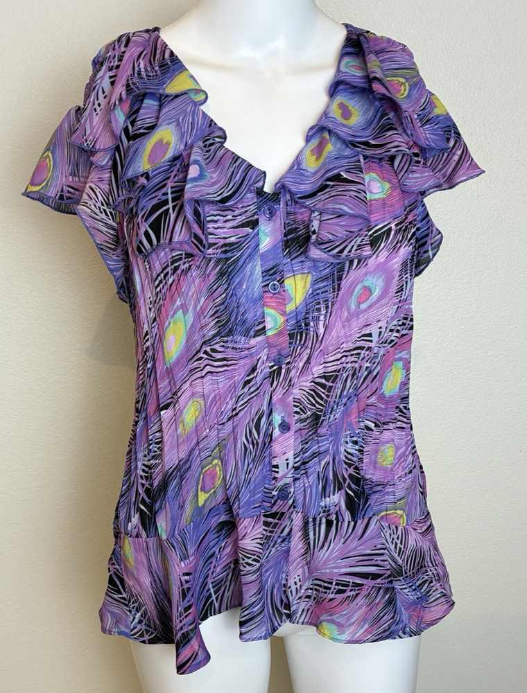 Allison Taylor Sheer Sleeveless Blouse XL Purple Pleated Ruffle Fairy Romantic