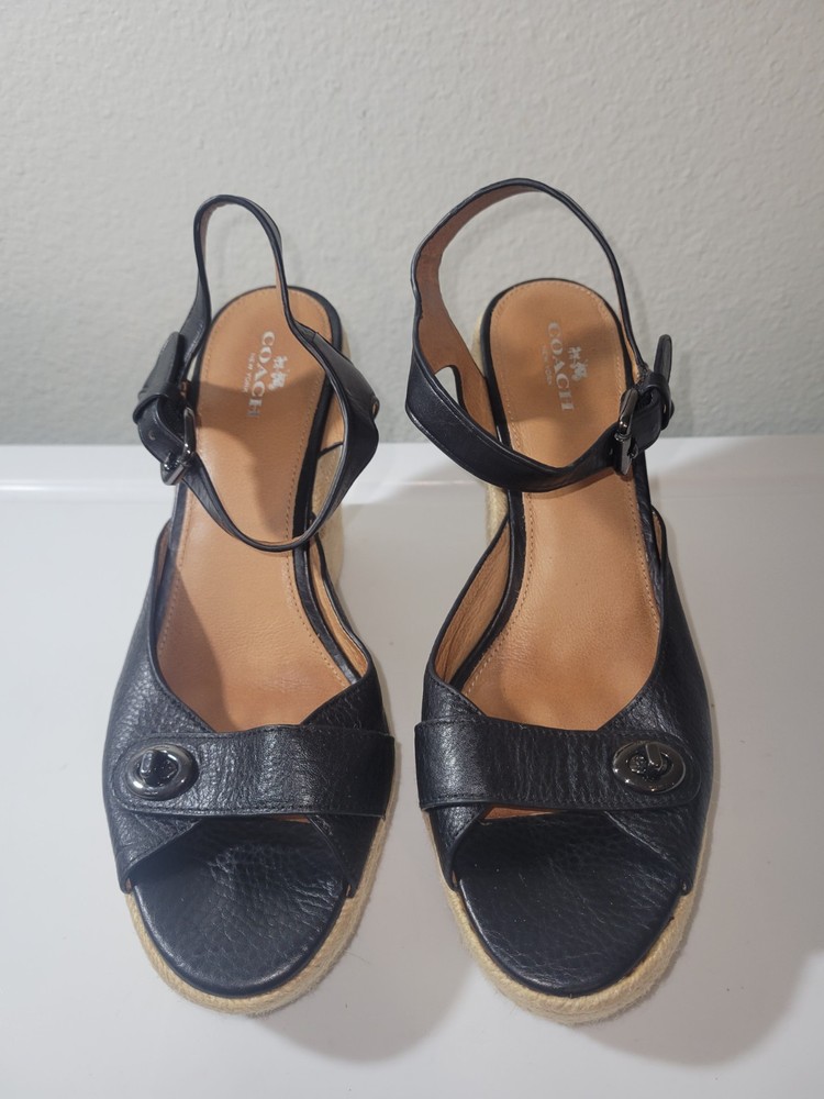 Coach Black Turn-Lock Wedge Sandals Size 8.5 Pre-Owned