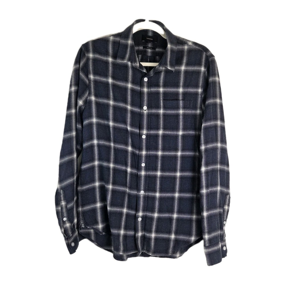 VINCE MEDIUM Mens CLASSIC FIT BLUE PLAID BUTTON UP COTTON Long Sleeve SHIRT