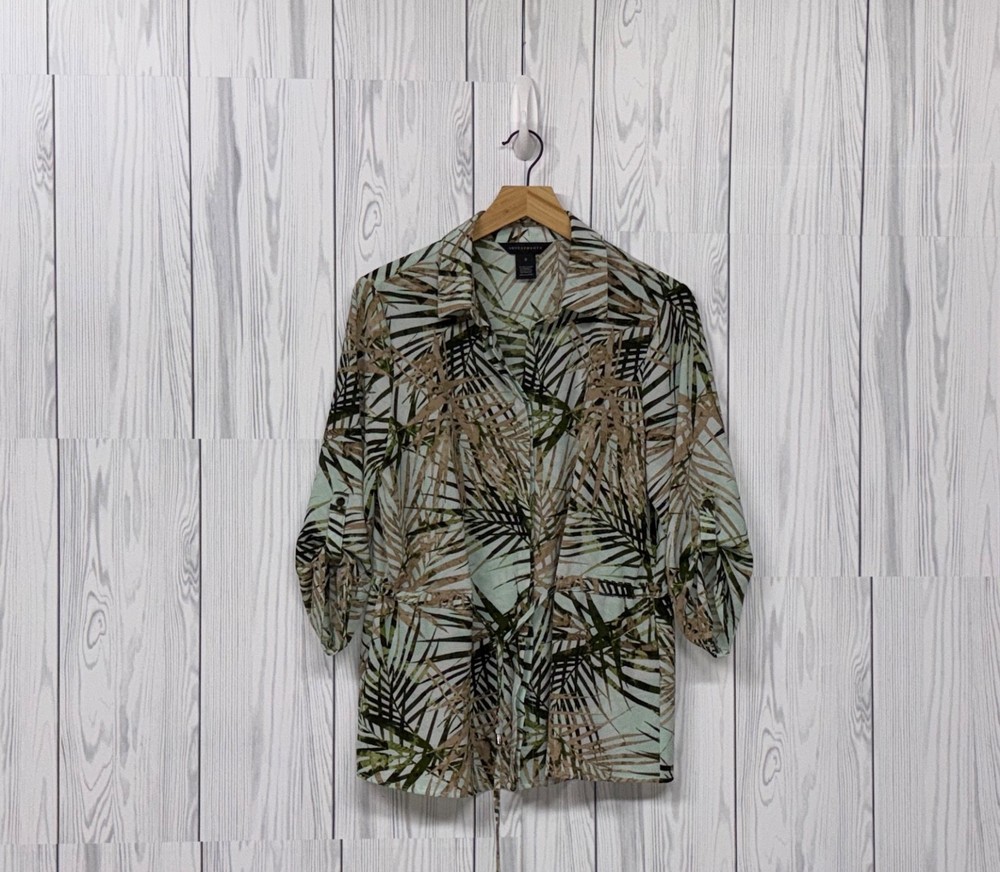 Investments blouse womens size small button up long sleeve white patterned top