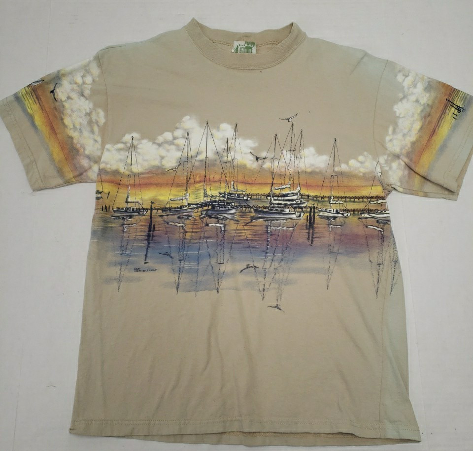 Vintage 90's Sunset Boat Marina Art T Shirt AOP Single Stitch Size Large USA