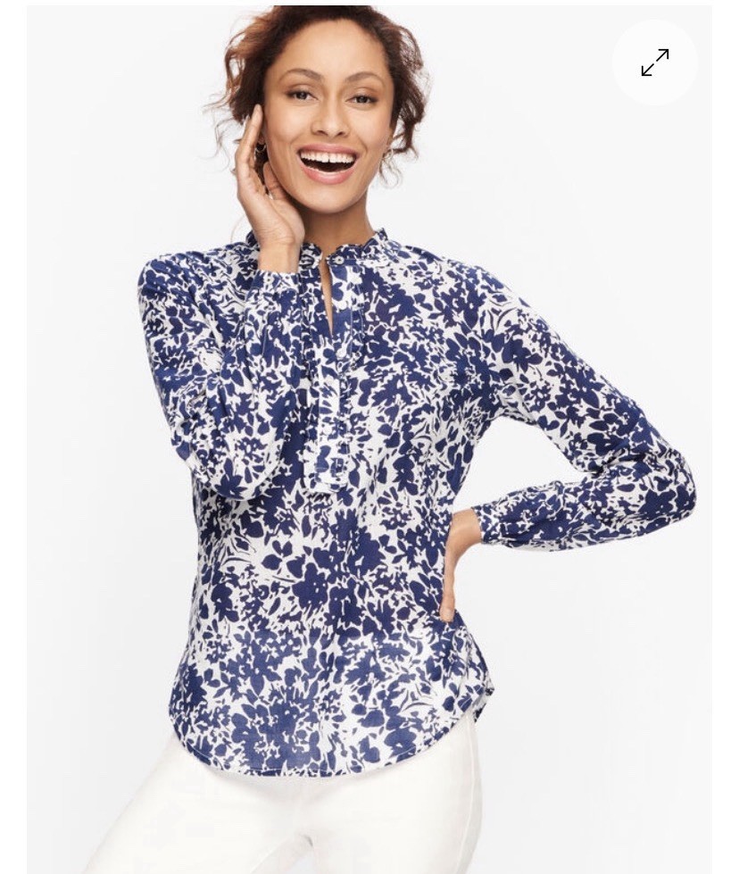 Talbots Cotton Feminine Popover Lightweight Floral Burst Top Navy Sz 1X