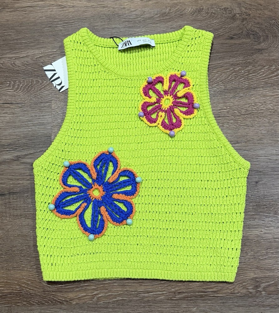Zara Women's Lime Green Floral Knit Crop Top, Women’s Size Small