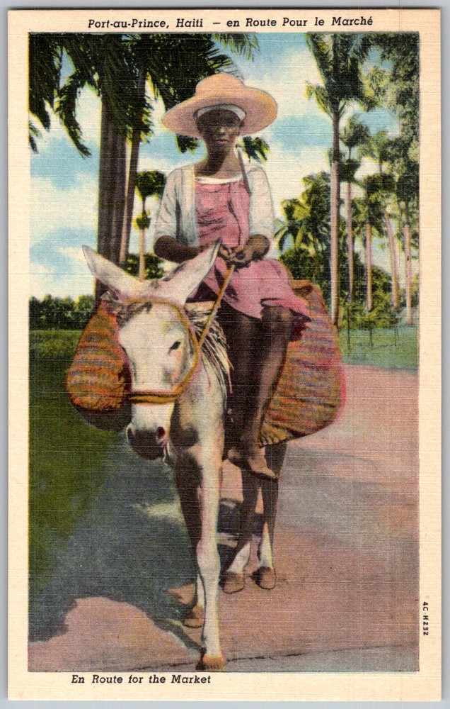 Vtg Linen Postcard Donkey Market Rider Port-au-prince, Haiti 1930s