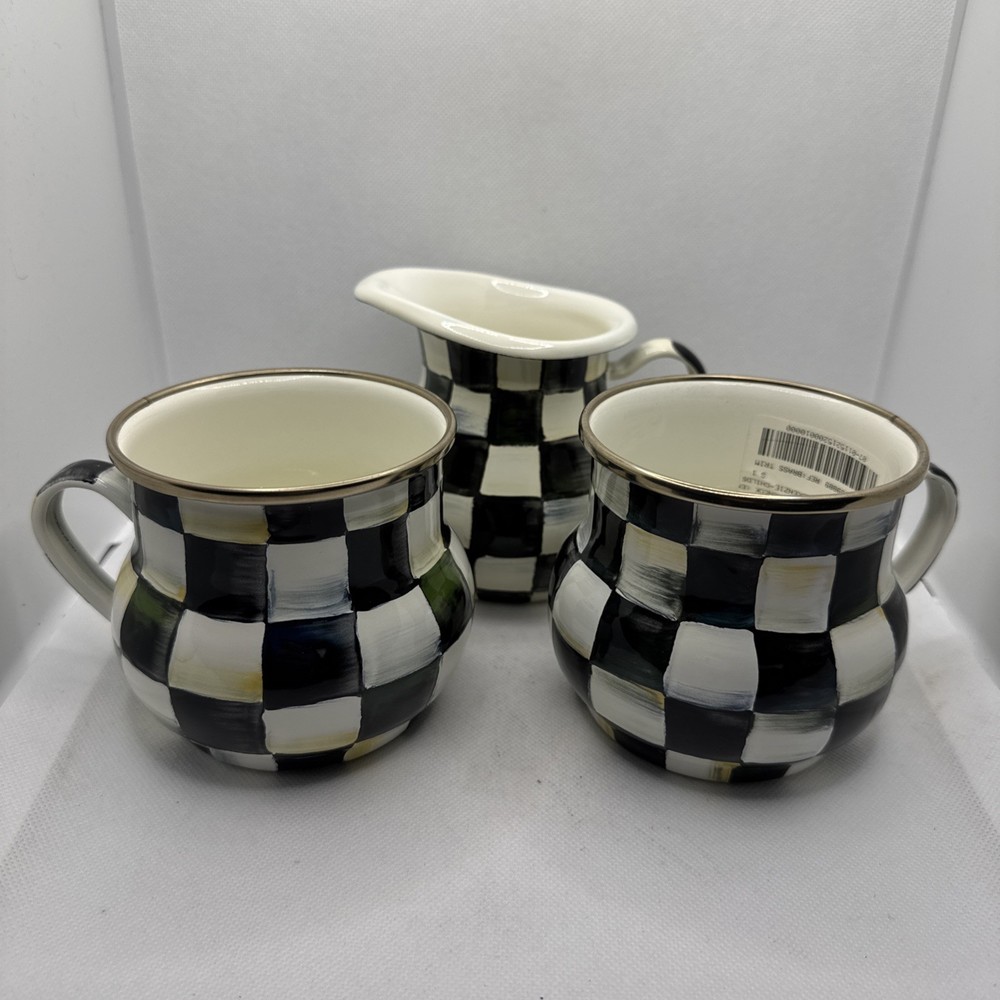 MacKenzie-Childs Courtly Check Enamel Set - 2 Mugs & Creamer NWT