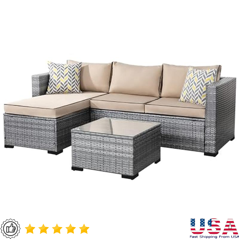 3 Piece Outdoor Sectional Sofa Rattan Wicker Conversation Set Washable Cushions