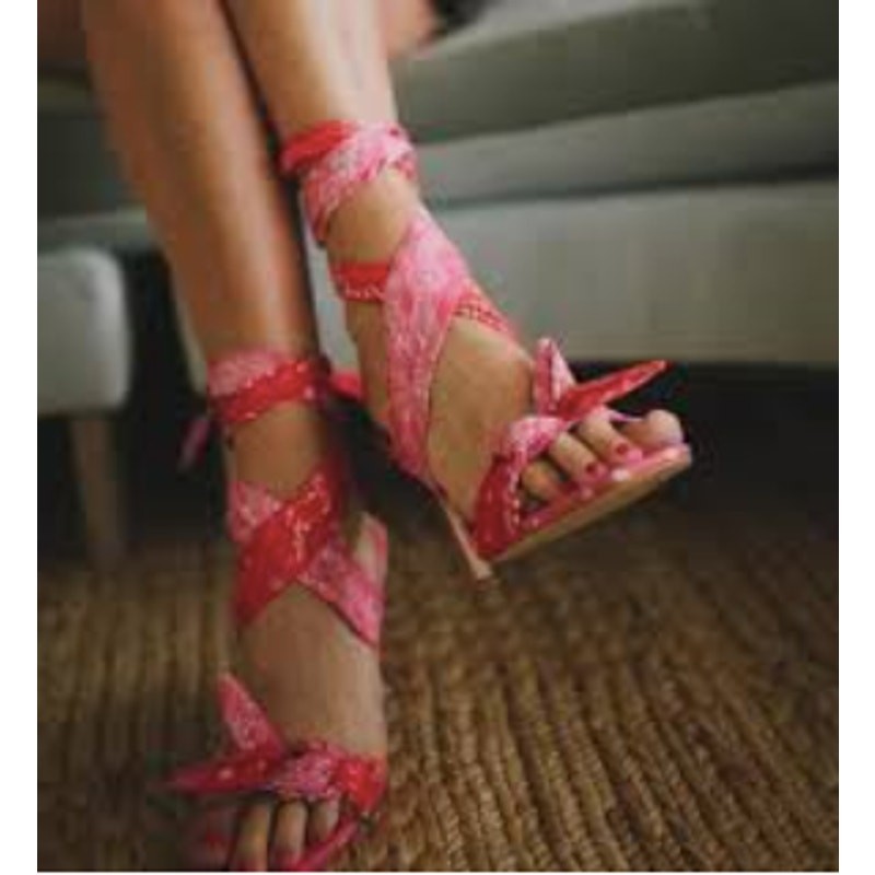 Gianni Bini Bandana Colorblock Pink Print Ankle Wrap Bow Heels 6.5