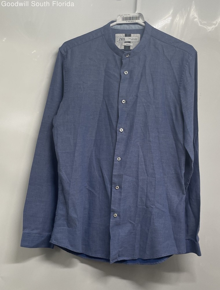 Zara Mens Blue Long Sleeve Mandarin Collar Slim Fit Button-Up Shirt Size Medium