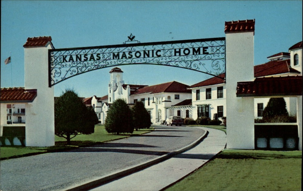 Entrance gate ~ Kansas Masonic Home ~ Wichita KS ~ vintage unused 1950s postcard