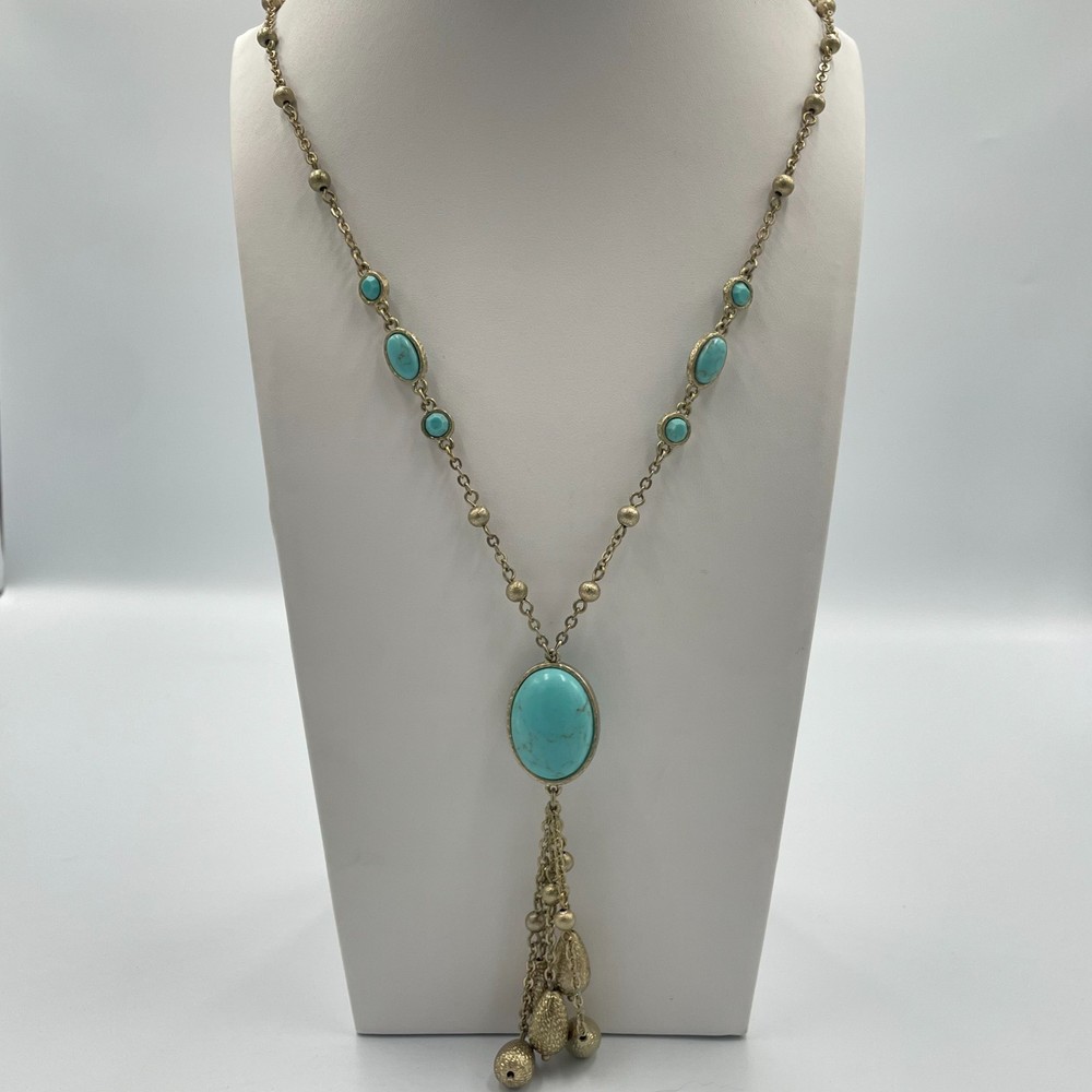 Vintage Lia Sophia Faux Turquoise Tassel Statement Necklace Bronze Tone Boho 80c