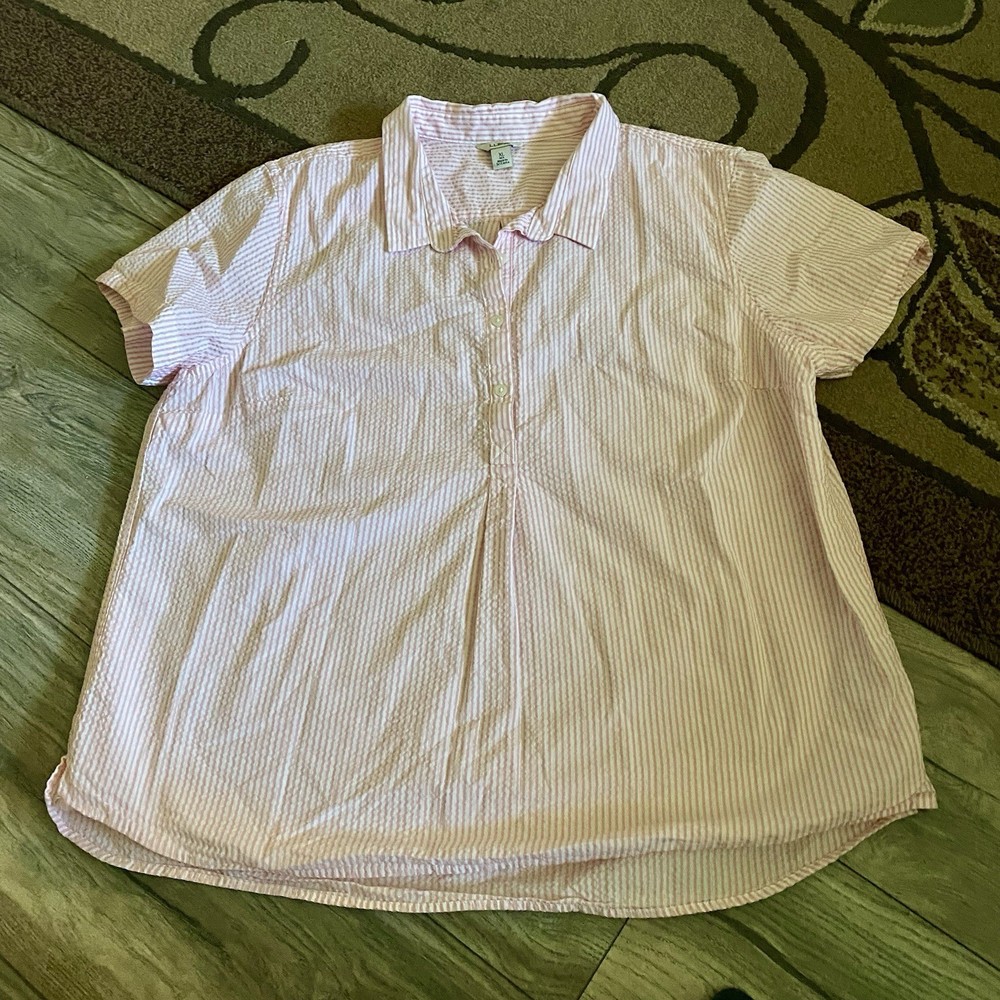 L.L.Bean Women's Vacationland Seersucker Shirt, Short-Sleeve Popover Stripe Pink