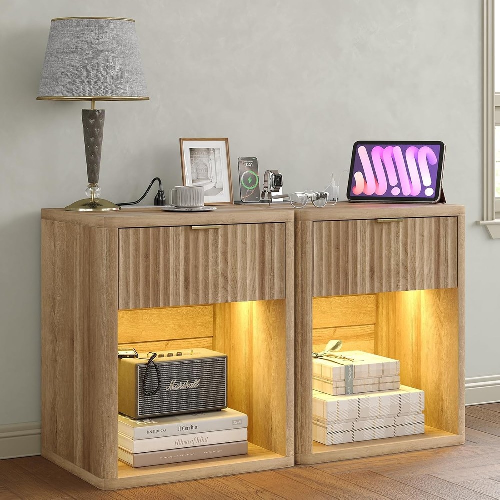 Fluted Night Stand Set of 2 with Charging Station & LED Lights, Modern Bedside