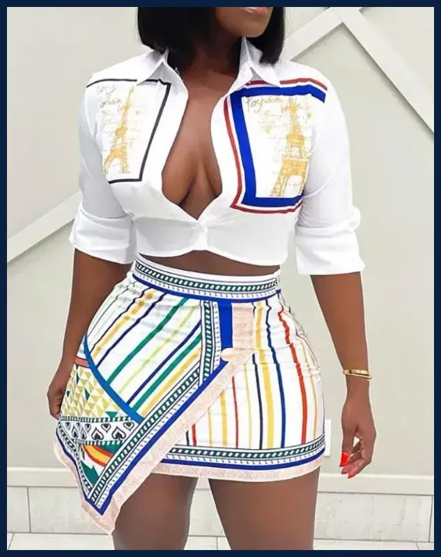 Two Piece Set Women Outfit 2024 Summer Fashion Graphic Print Buttoned Turn-Down