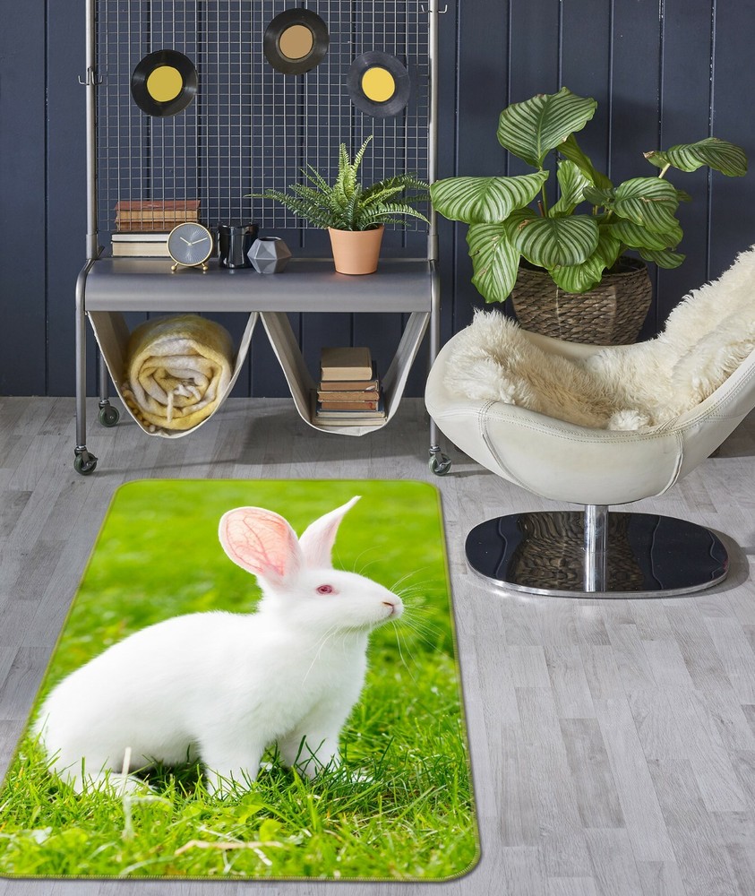 3D Lawn White Rabbit O3085 Animal Non Slip Rug Mat Elegant Photo Carpet Fay
